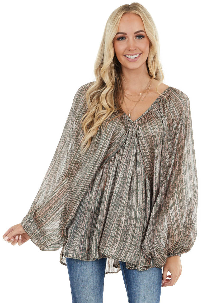 Forest Green Floral Print Long Puff Sleeve Babydoll Top