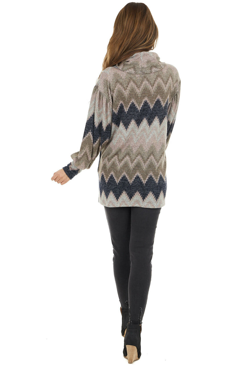 Blush Multicolor Zigzag Print Knit Top with Cowl Neck