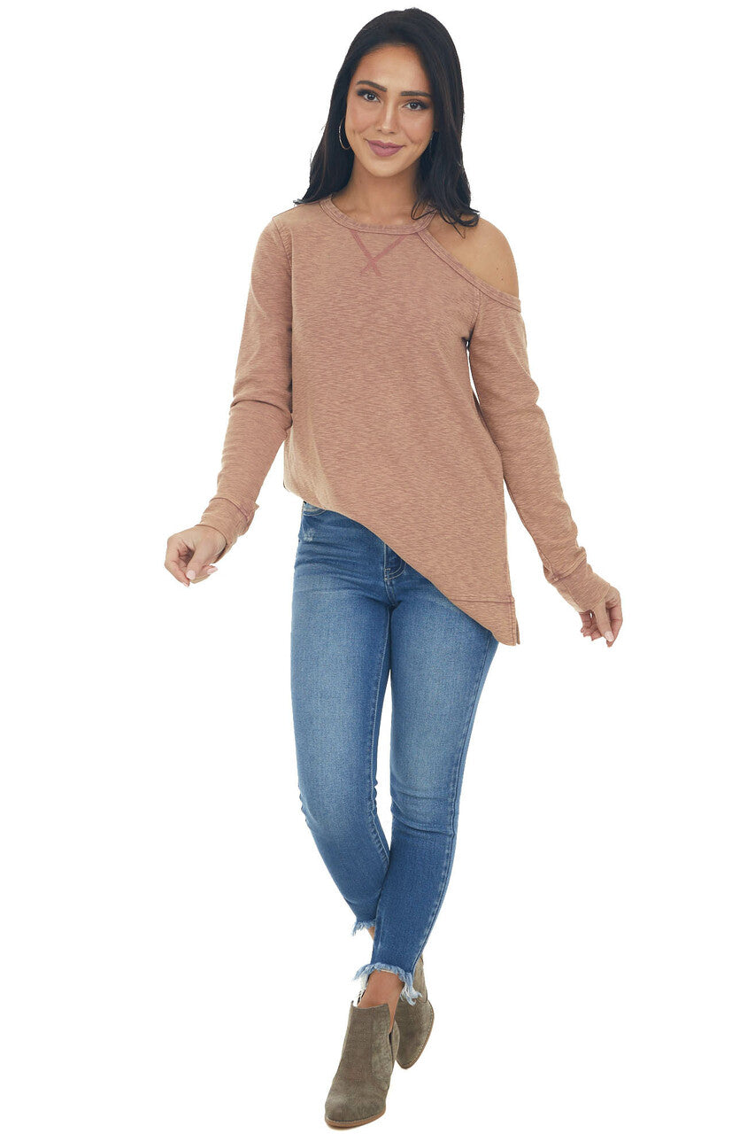 Marsala Two Toned Long Sleeve Top with Cold Shoulder Detail