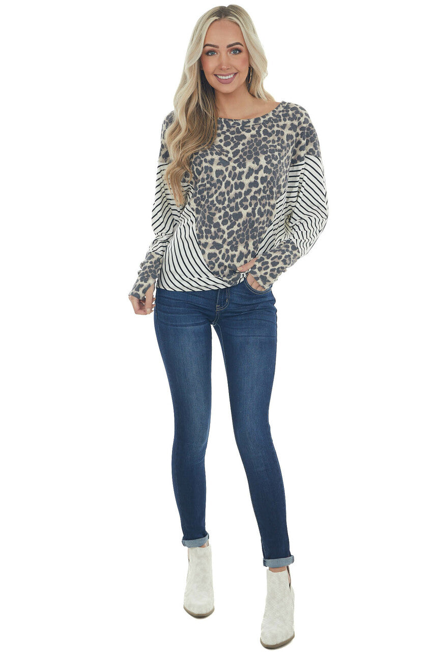 Ivory Stripe Top with Leopard Thermal Knit Detail