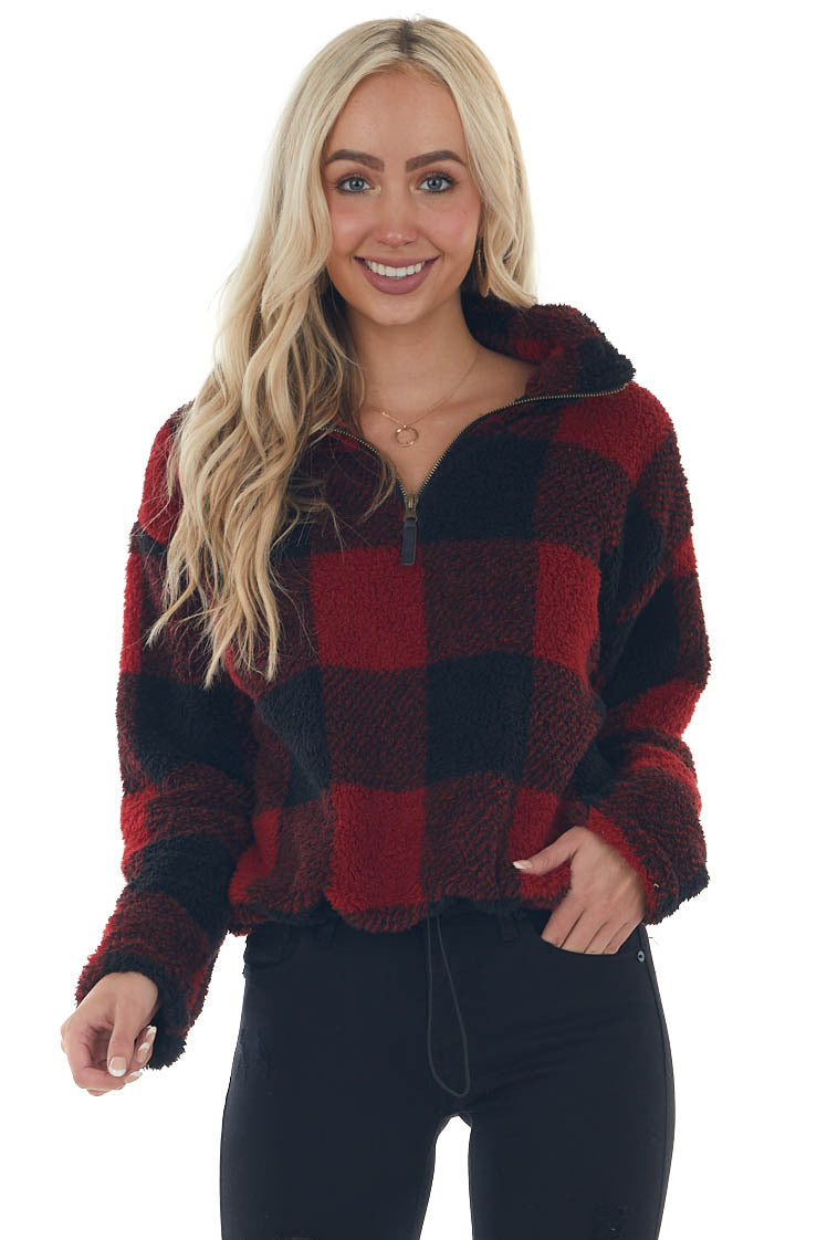 Cranberry Buffalo Plaid Sherpa Pullover Jacket
