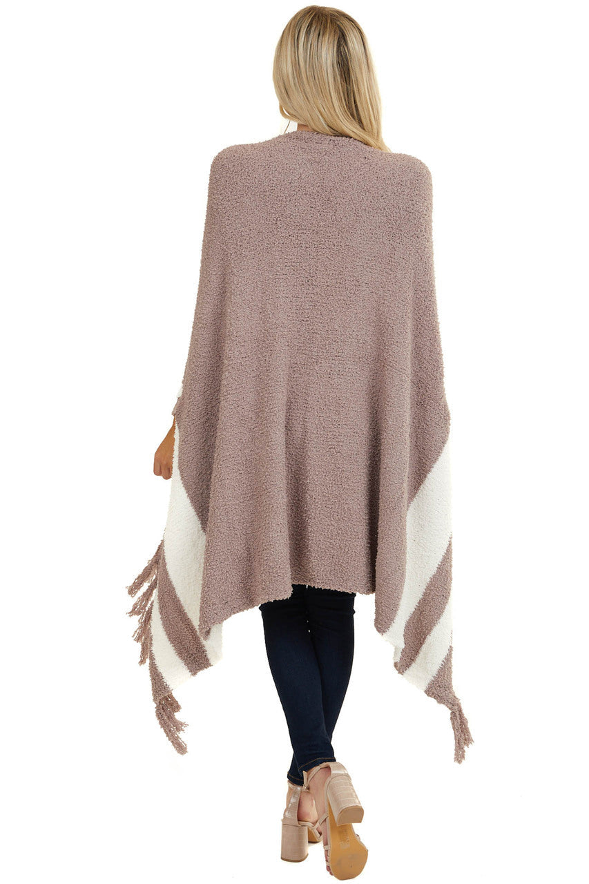 Dusty Rose Super Soft Poncho with Stripes and Fringe Details 