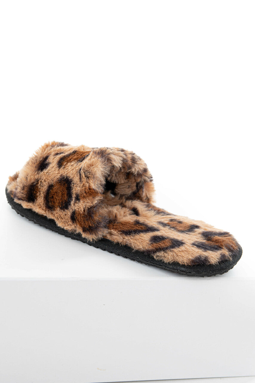 Leopard Print Fuzzy Faux Fur Slipper with Foam Sole 