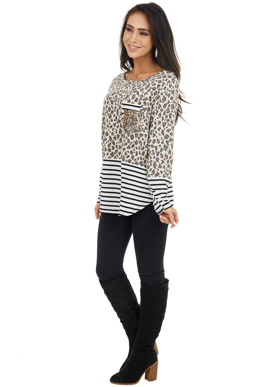 Cream Leopard Print Long Sleeve Top with Stripe Contrast