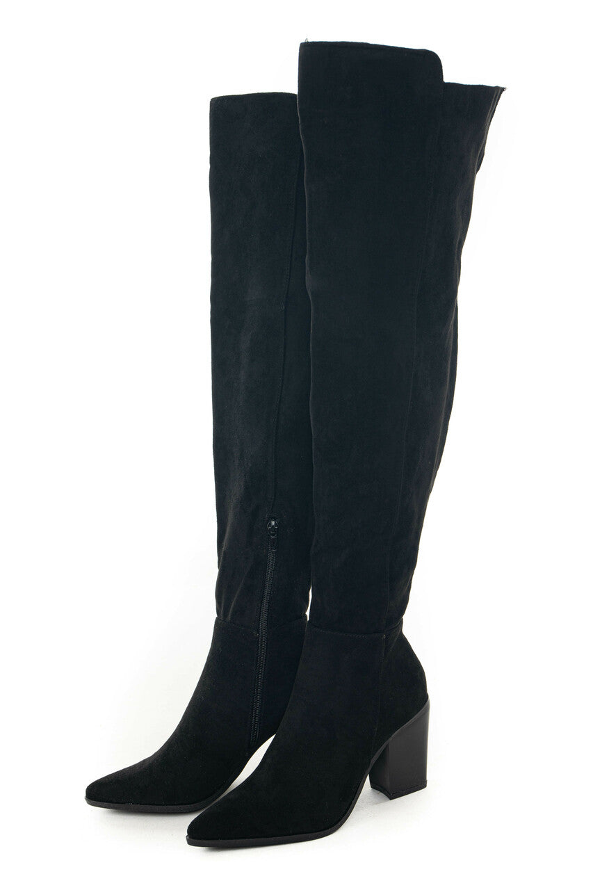Black Suede Over the Knee Block Heel Boots