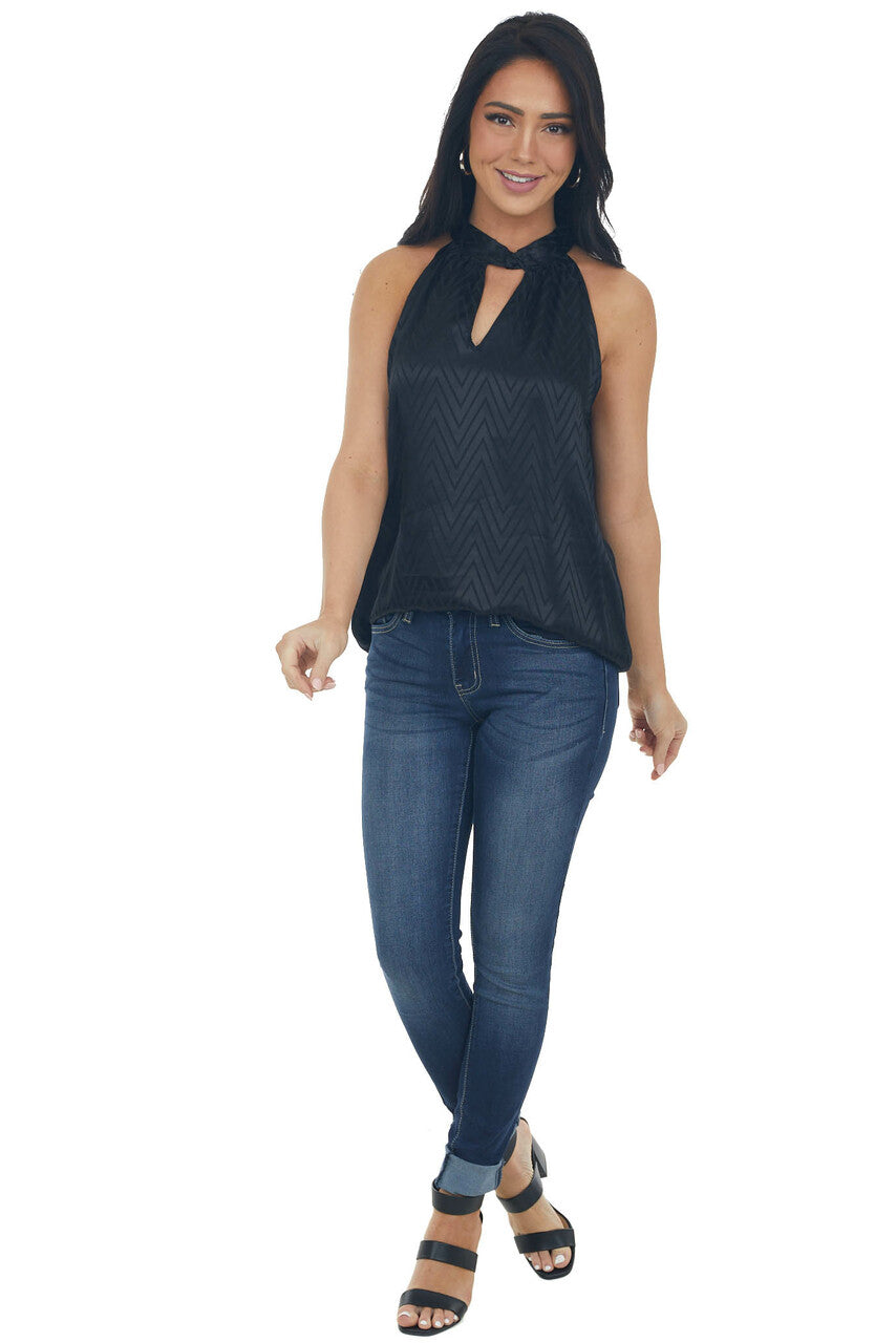 Black Abstract Print Satin Halter Neck Blouse