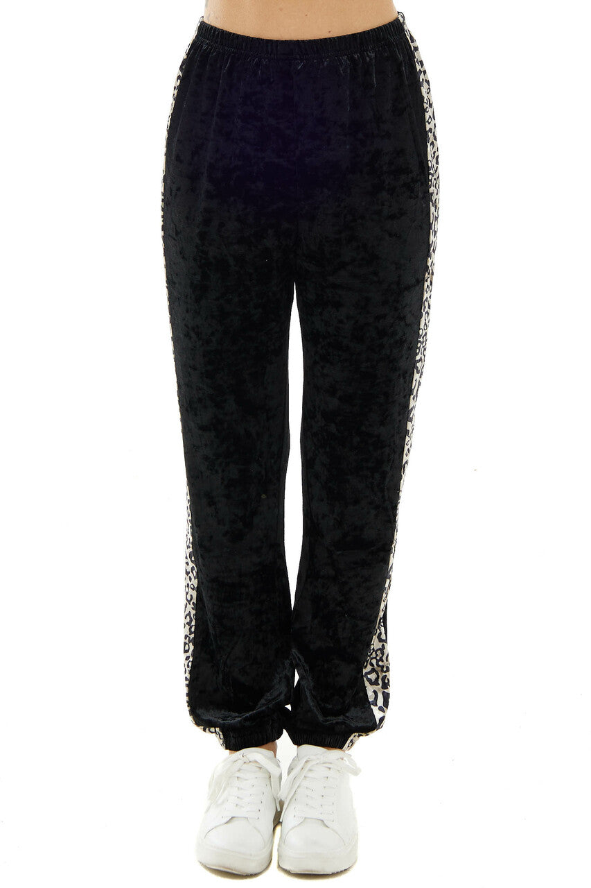 Black Velvet Leopard Side Contrast Sweatpants