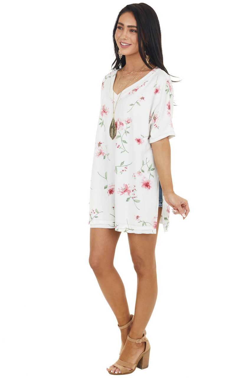 Ivory and Pink Floral Print V Neck Top with Short Sleeves 