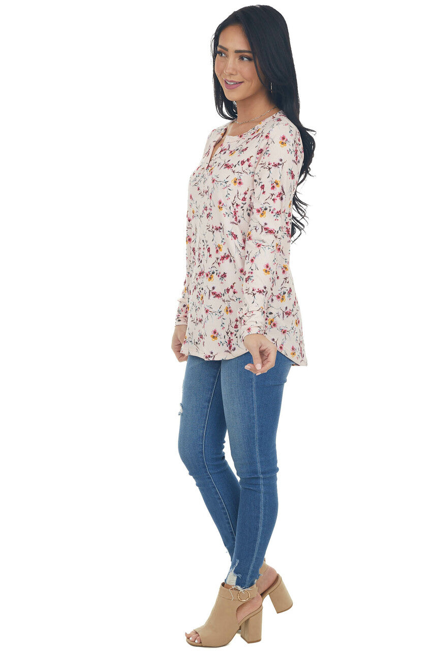 Blush Floral Print Notch Neck Ribbed Knit Top