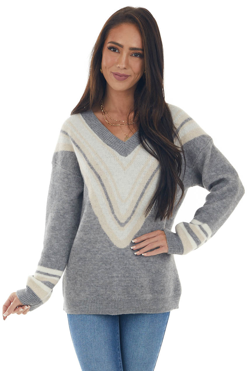 Heathered Steel Striped Chevron V Neck Sweater 