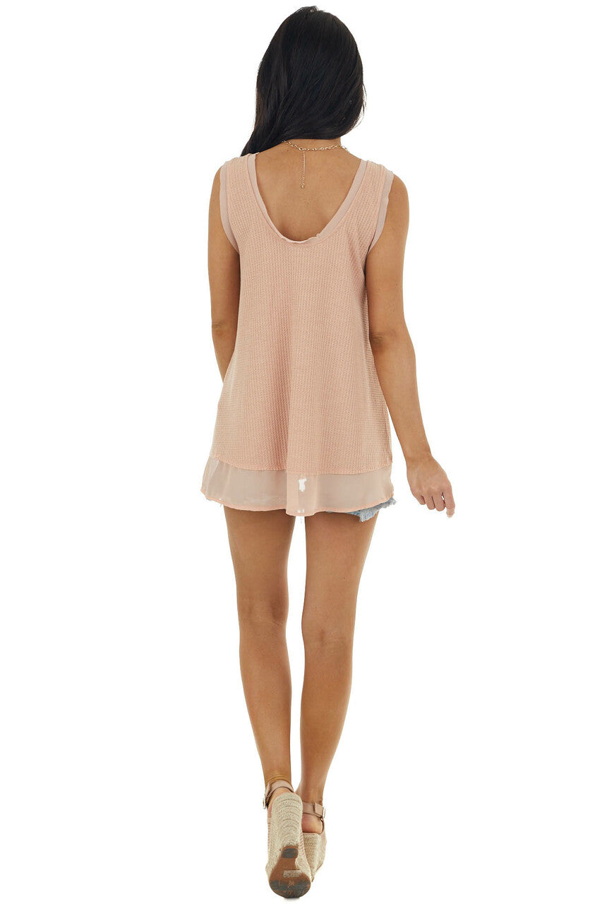 Apricot Waffle Knit Tank with Sheer Detail 