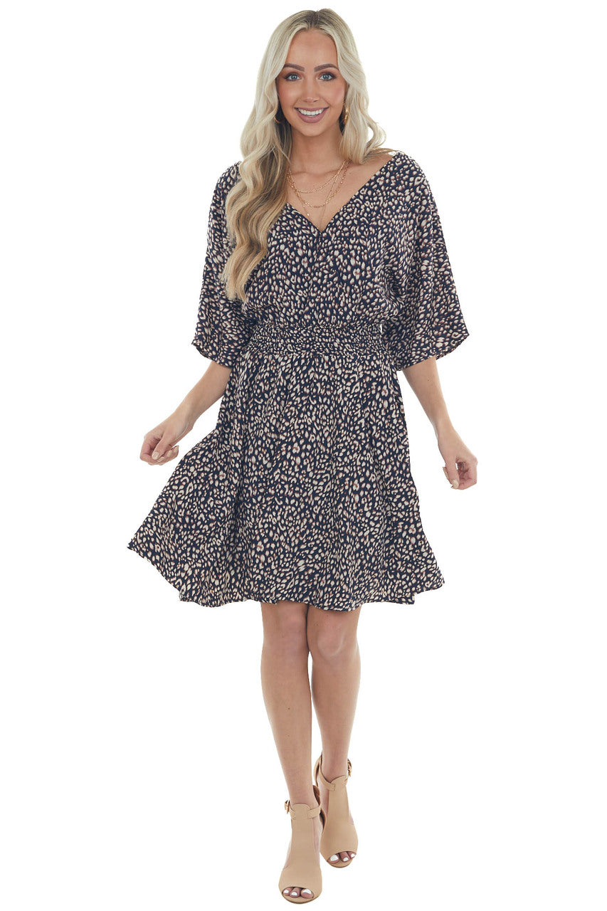 Navy Blue Leopard Print Surplice Half Sleeve Short Dress