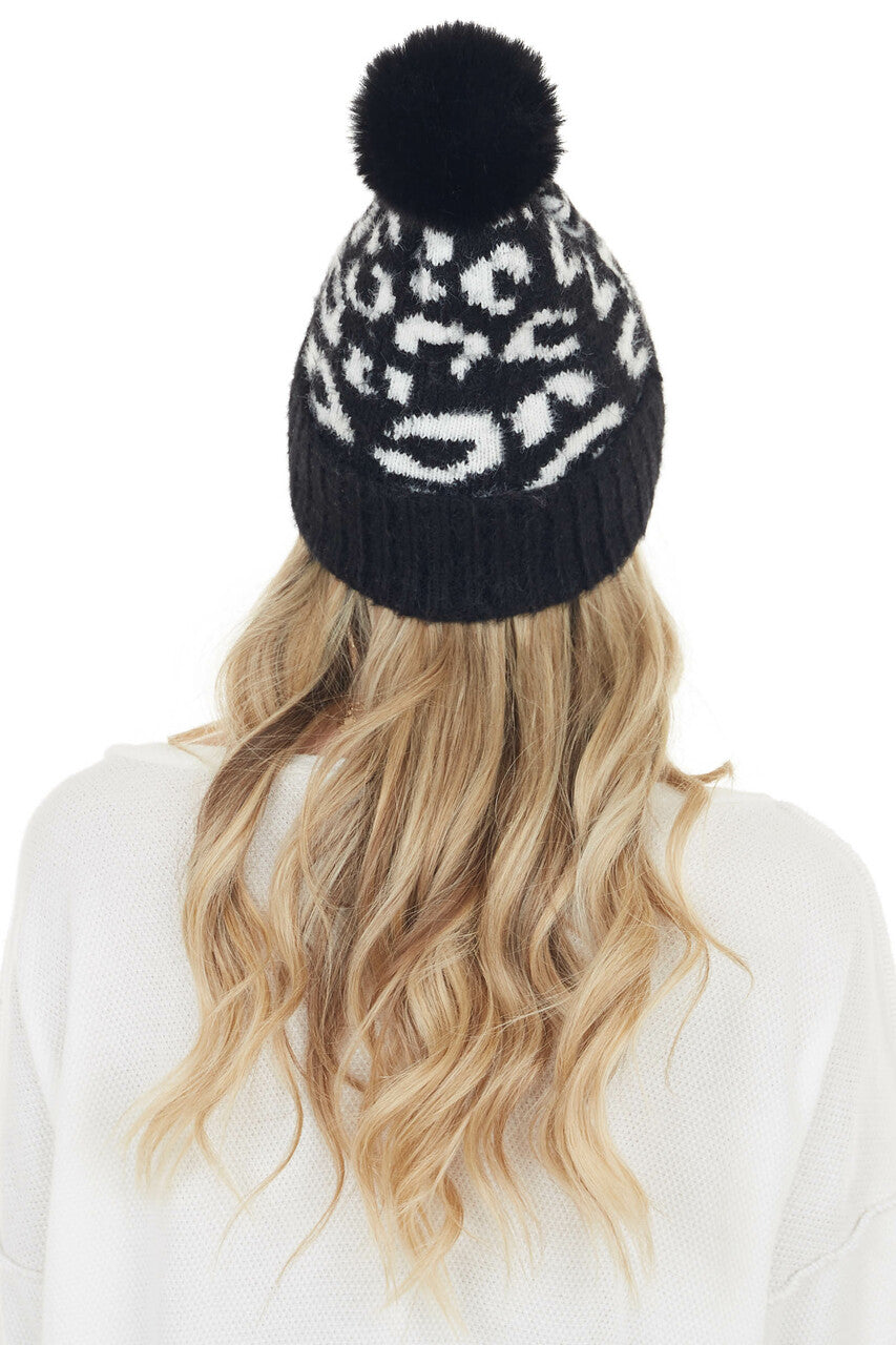 Black and White Leopard Print Beanie with Pom Pom Detail 