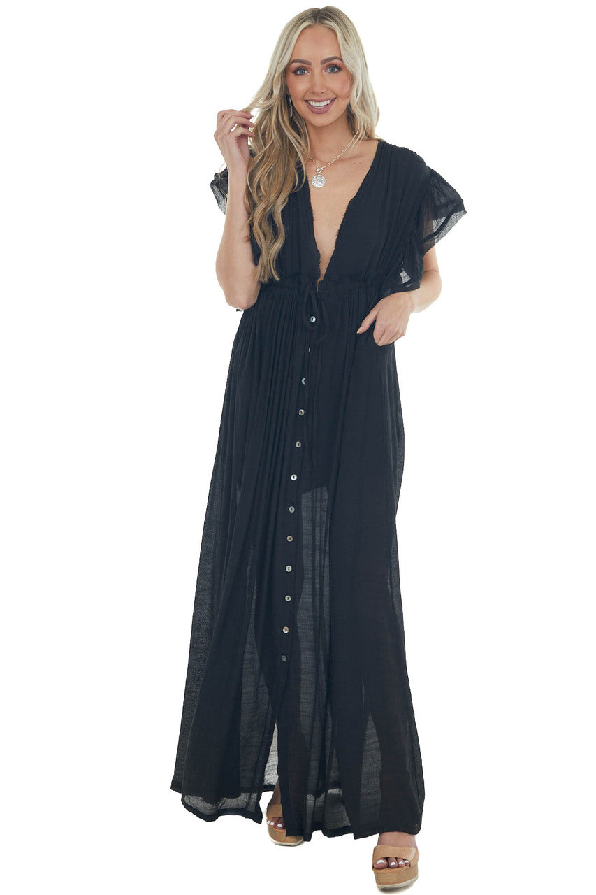 Black Button Front Plunging V Neck Maxi Dress 