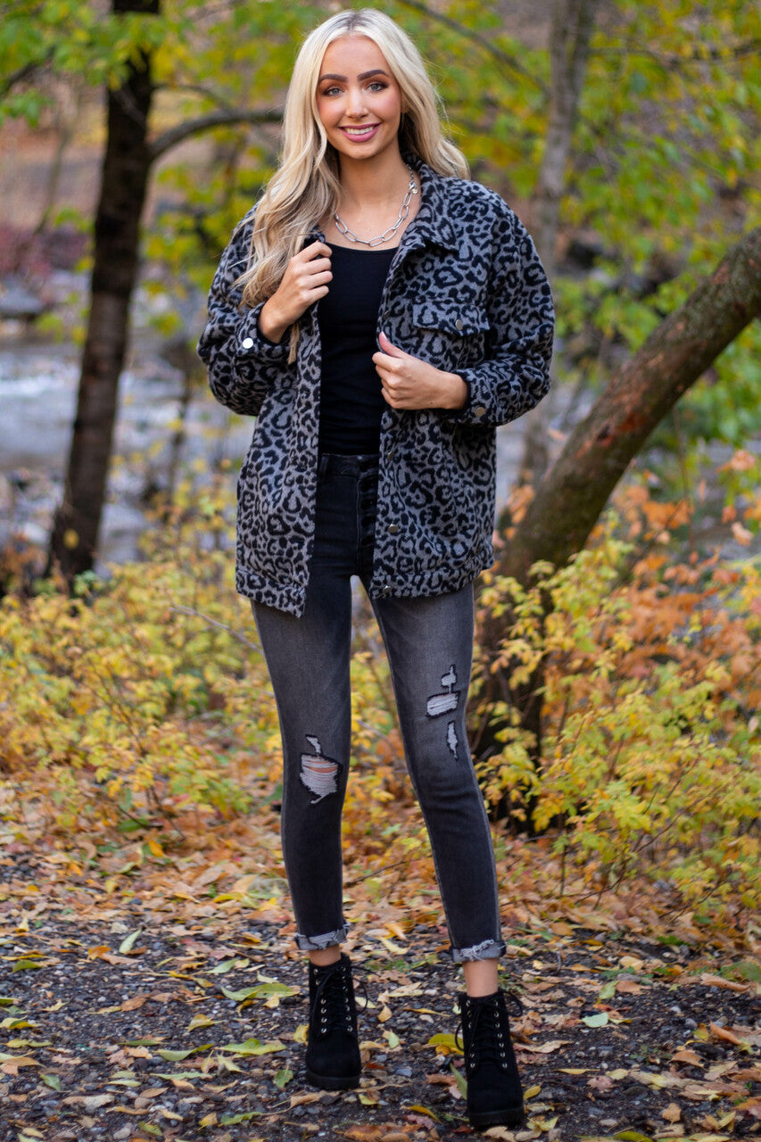 Charcoal Washed High Rise Distressed Jeans