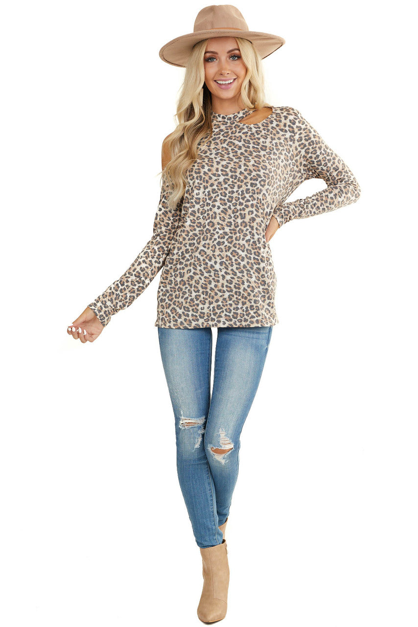 Cognac Leopard Print Cold Shoulder Long Sleeve Knit Top 