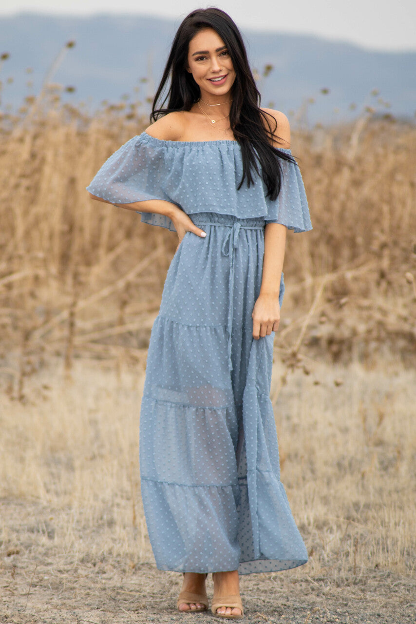 Slate Blue Swiss Dot Ruffled Off the Shoulder Maxi Dress