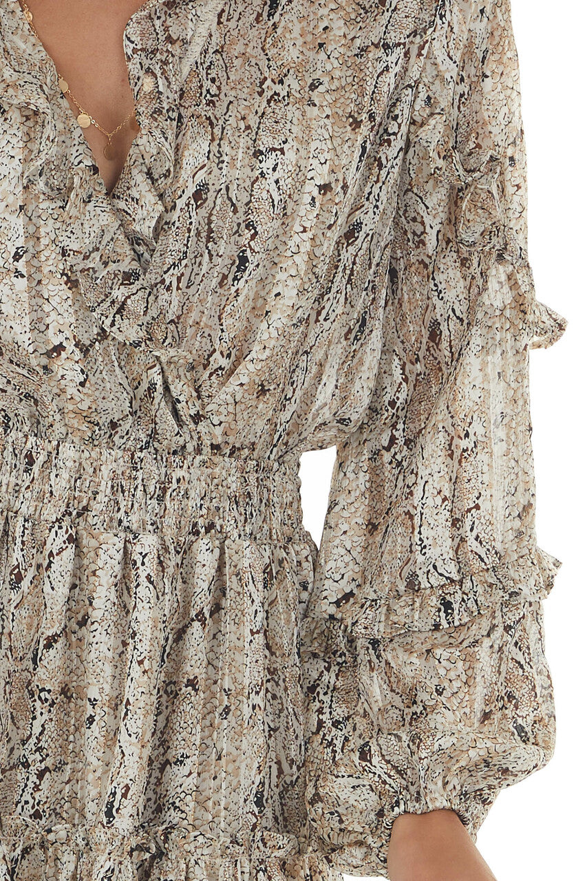 Champagne Snake Print Smocked Waist Mini Dress