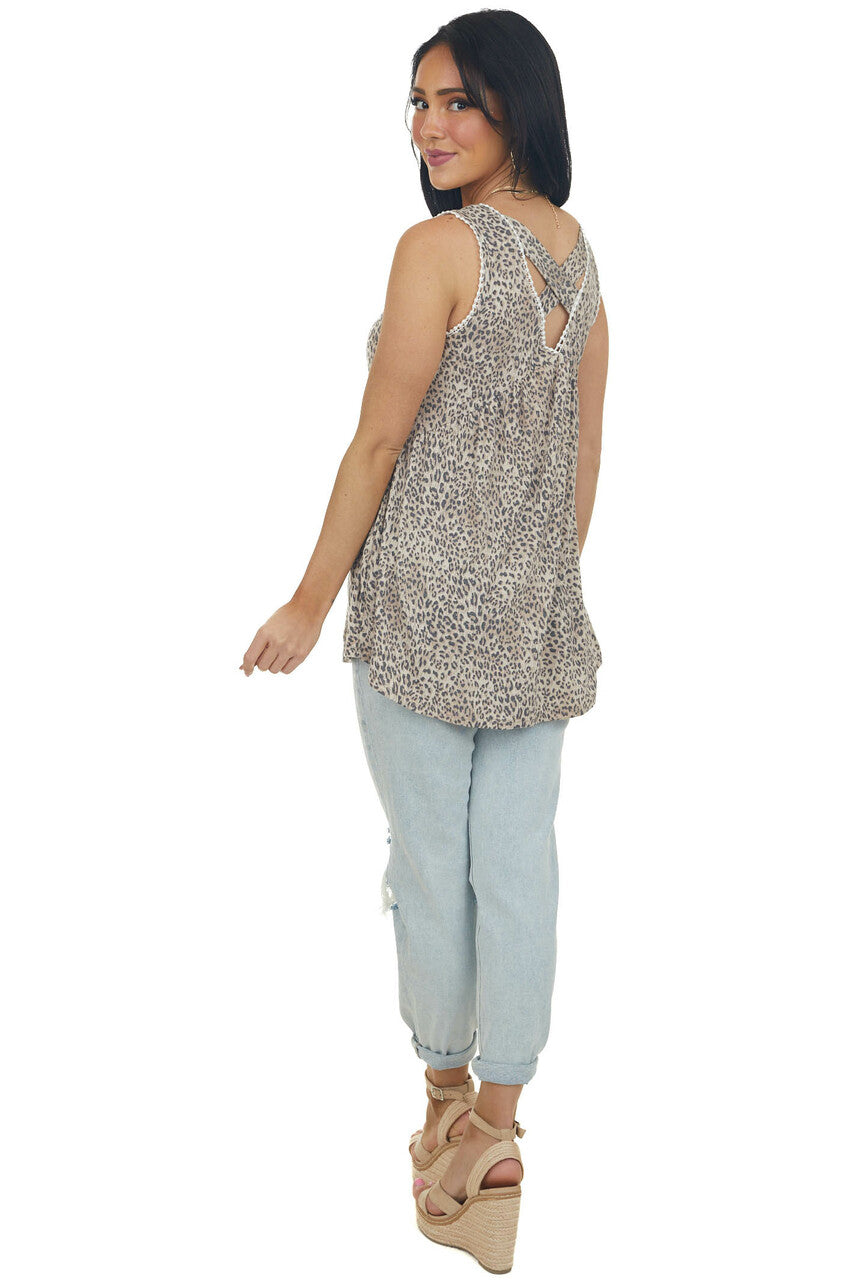 Latte Leopard Print Tank Top with Crochet Trim