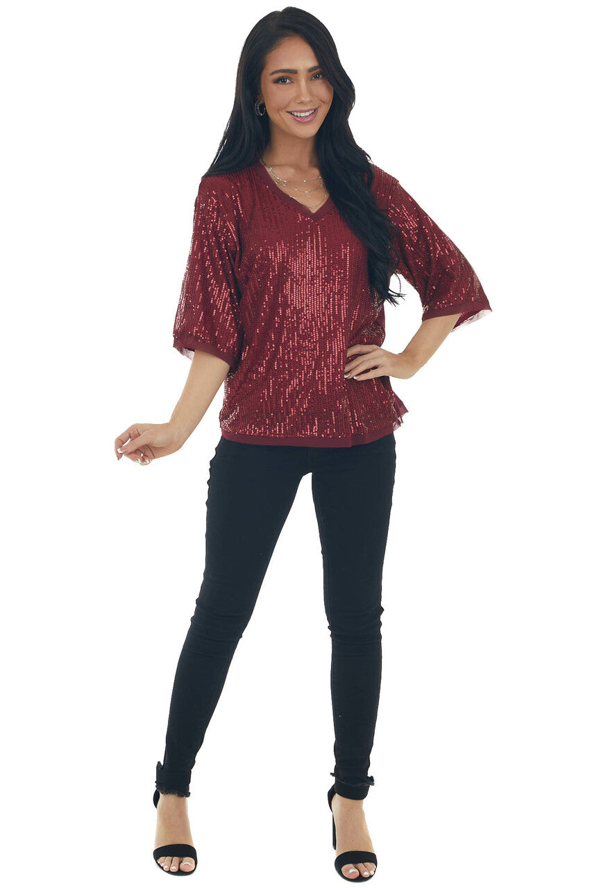 Maroon Sequined Half Sleeve V Neck Top
