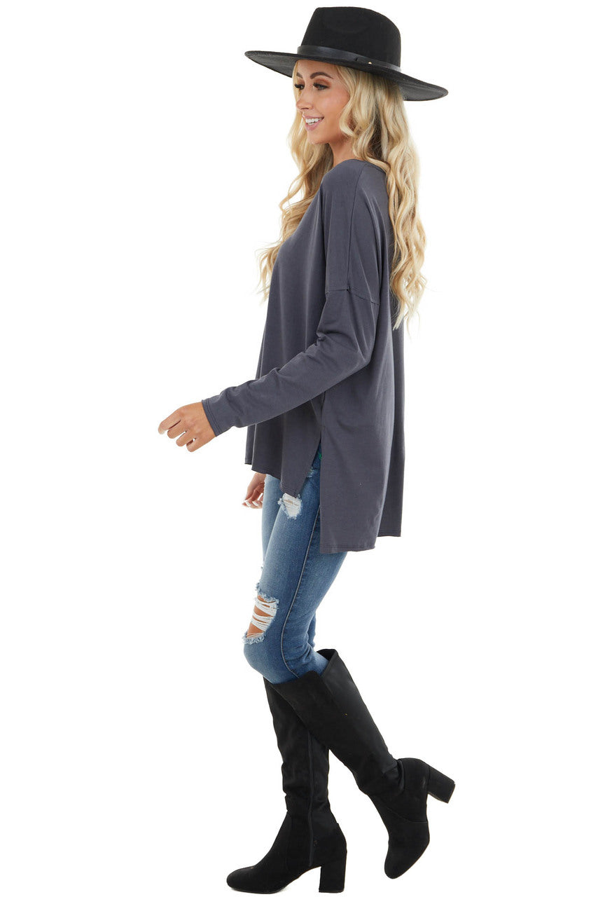 Stormy Grey Long Sleeve Top with Side Slit Detail 