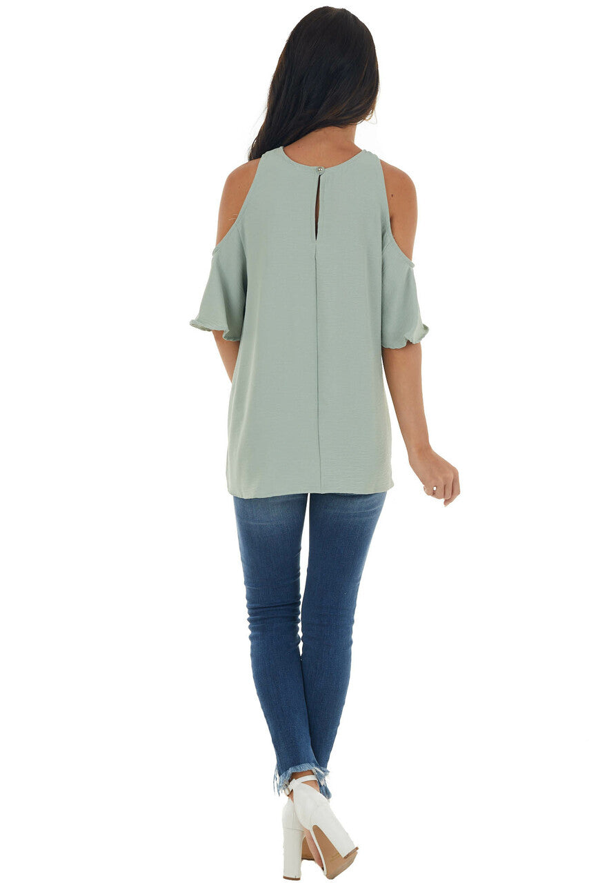 Sage Cold Shoulder Blouse with Criss Cross Halter Neck