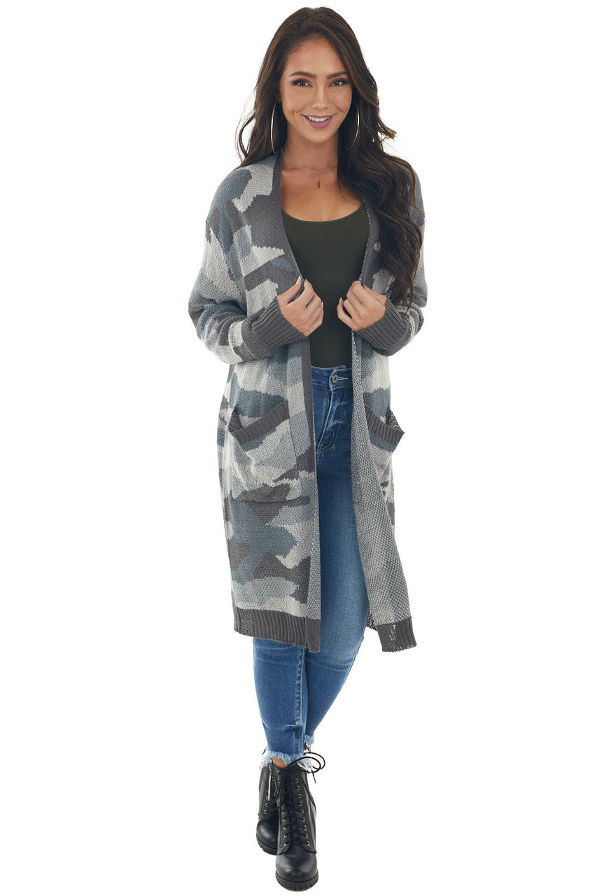 Steel Grey Camo Print Stretchy Knit Cardigan 