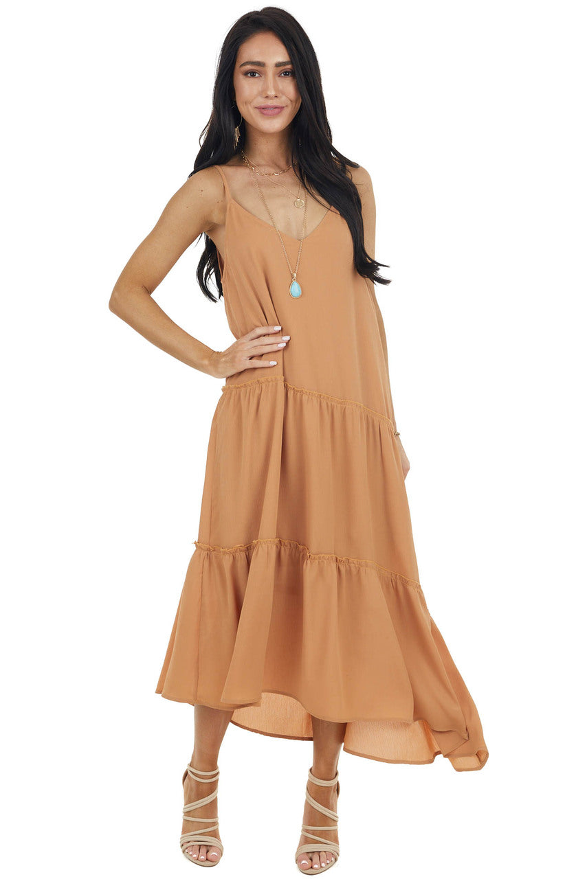 Caramel Asymmetrical Spaghetti Strap Tiered Midi Dress 