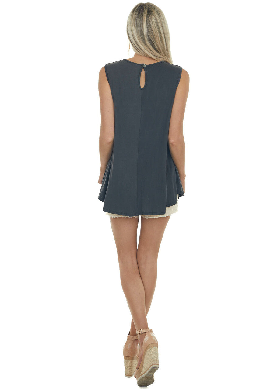 Faded Black Flowy Sleeveless Top with Sheer Crochet Details