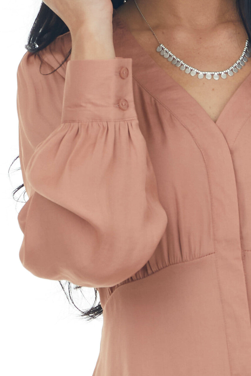 Dusty Apricot V Neck Drop Waist Satin Blouse
