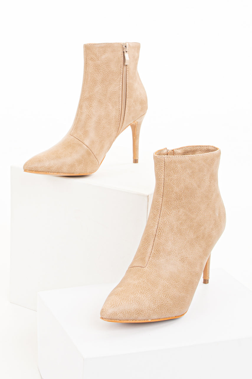 Beige Faux Leather Heeled Booties with Pointed Toe