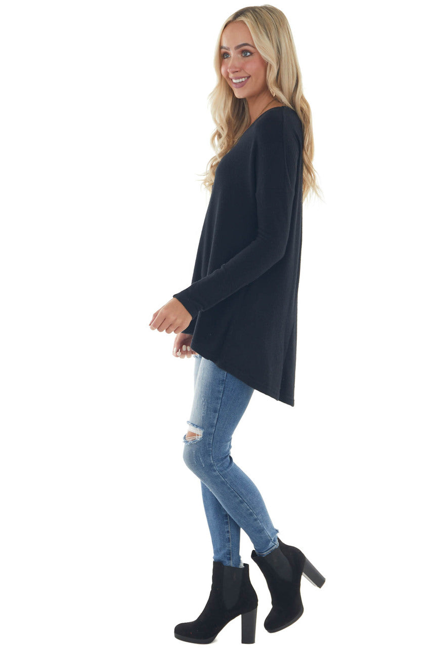 Black Brushed Knit Top with High Low Hemline 