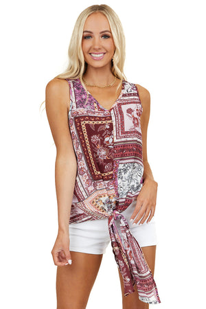 Plum Floral Multi Print Sleeveless V Neck Top with Tie 