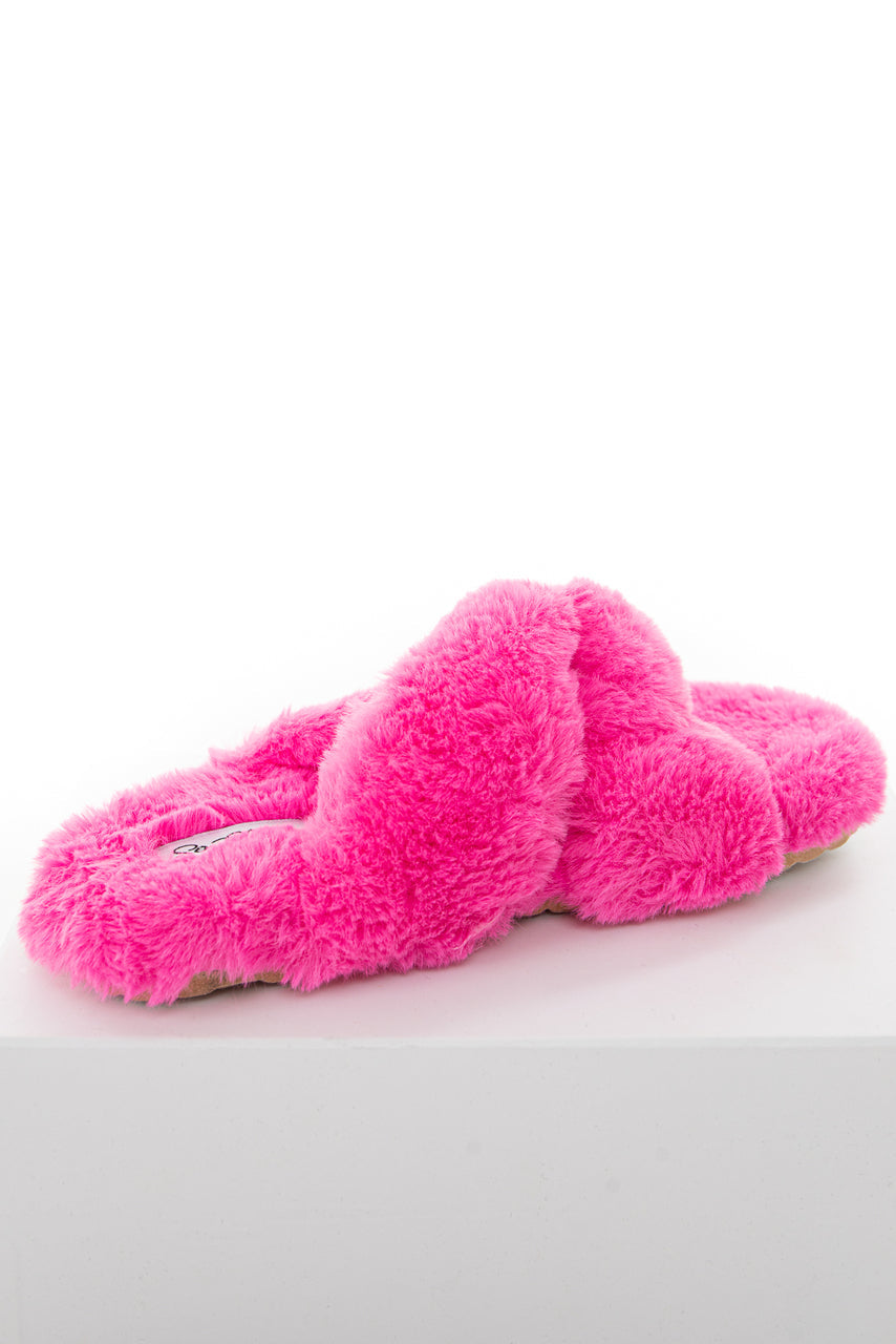 Hot Pink Fuzzy Soft Sandal Slippers with Criss Cross Details