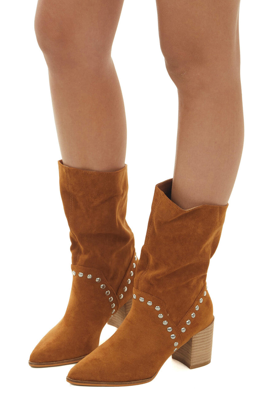 Caramel Suede Pointed Toe Studded Midi Booties