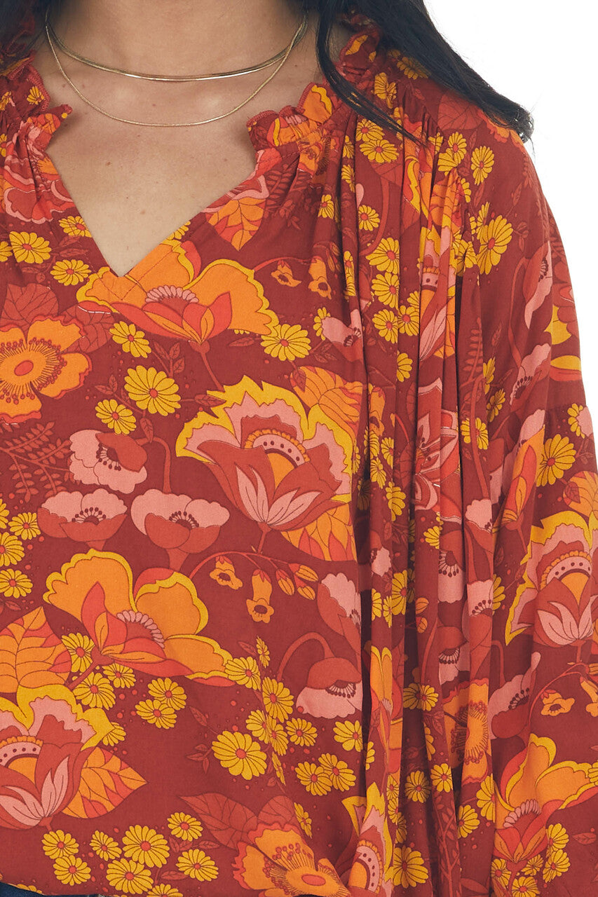 Cinnamon Floral Print Peasant Style Blouse