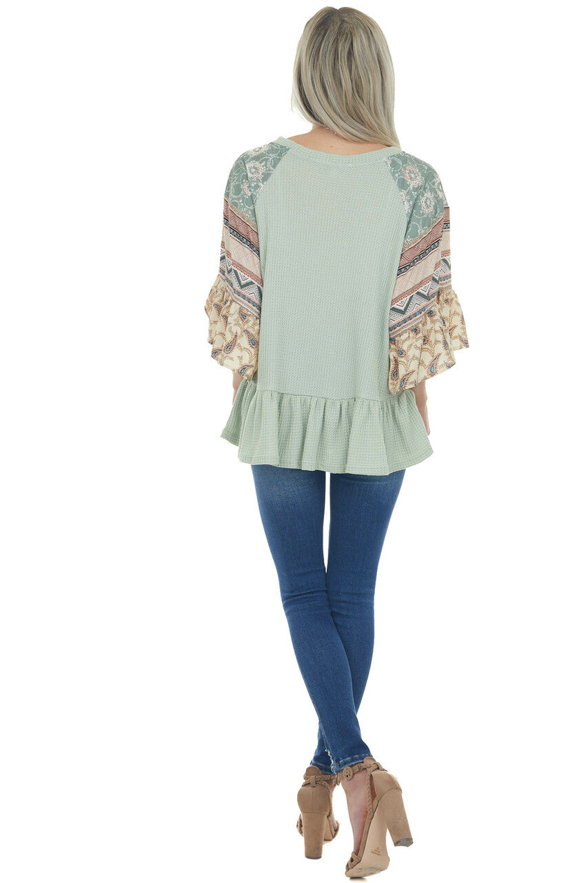 Sage Multiprint Ruffled Hem Waffle Knit Top 