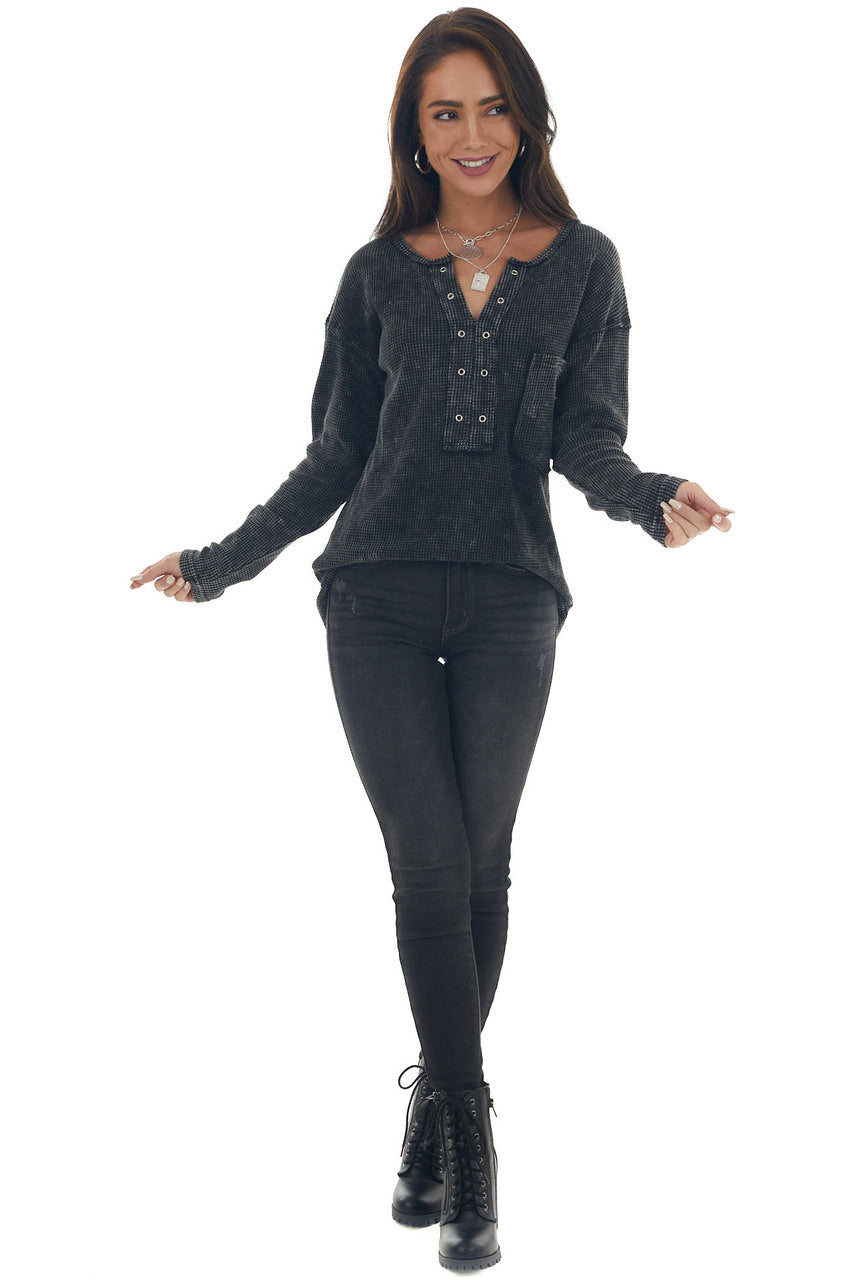 Charcoal Washed Thermal Knit Chest Pocket Top
