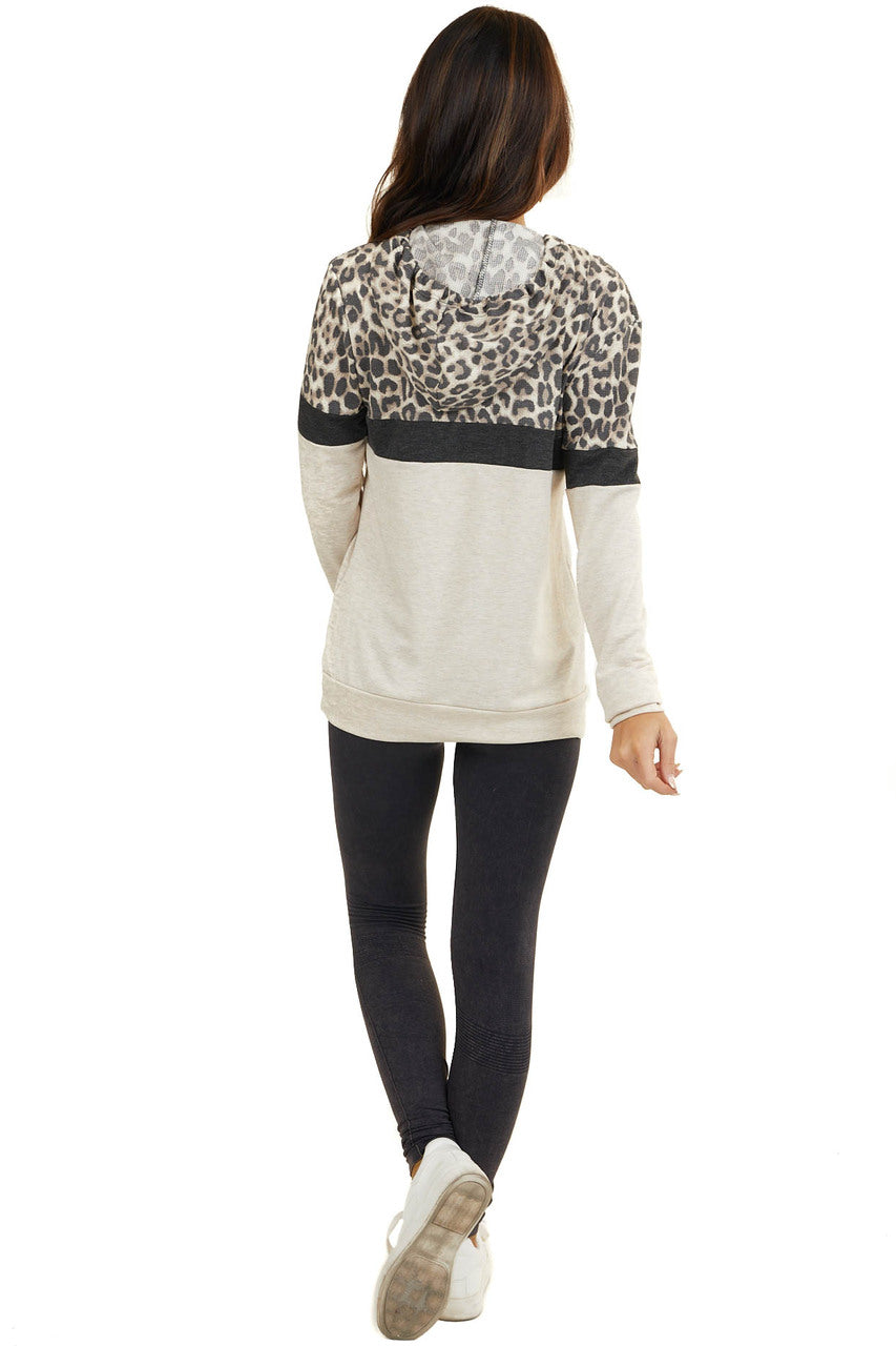 Tan Leopard Colorblock Hooded Sweatshirt with Front Pocket 