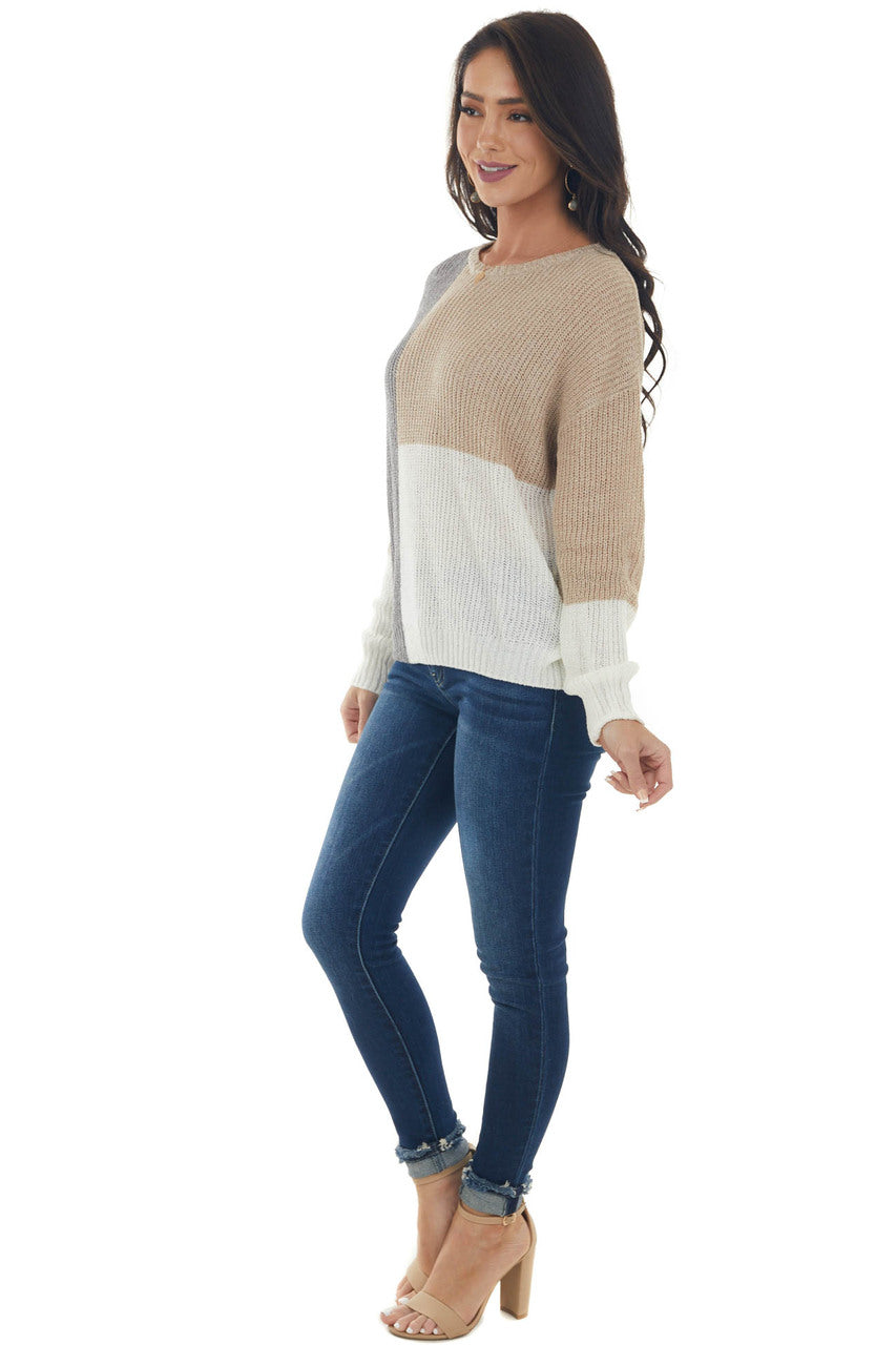 Beige Colorblock Long Sleeve Knit Sweater 
