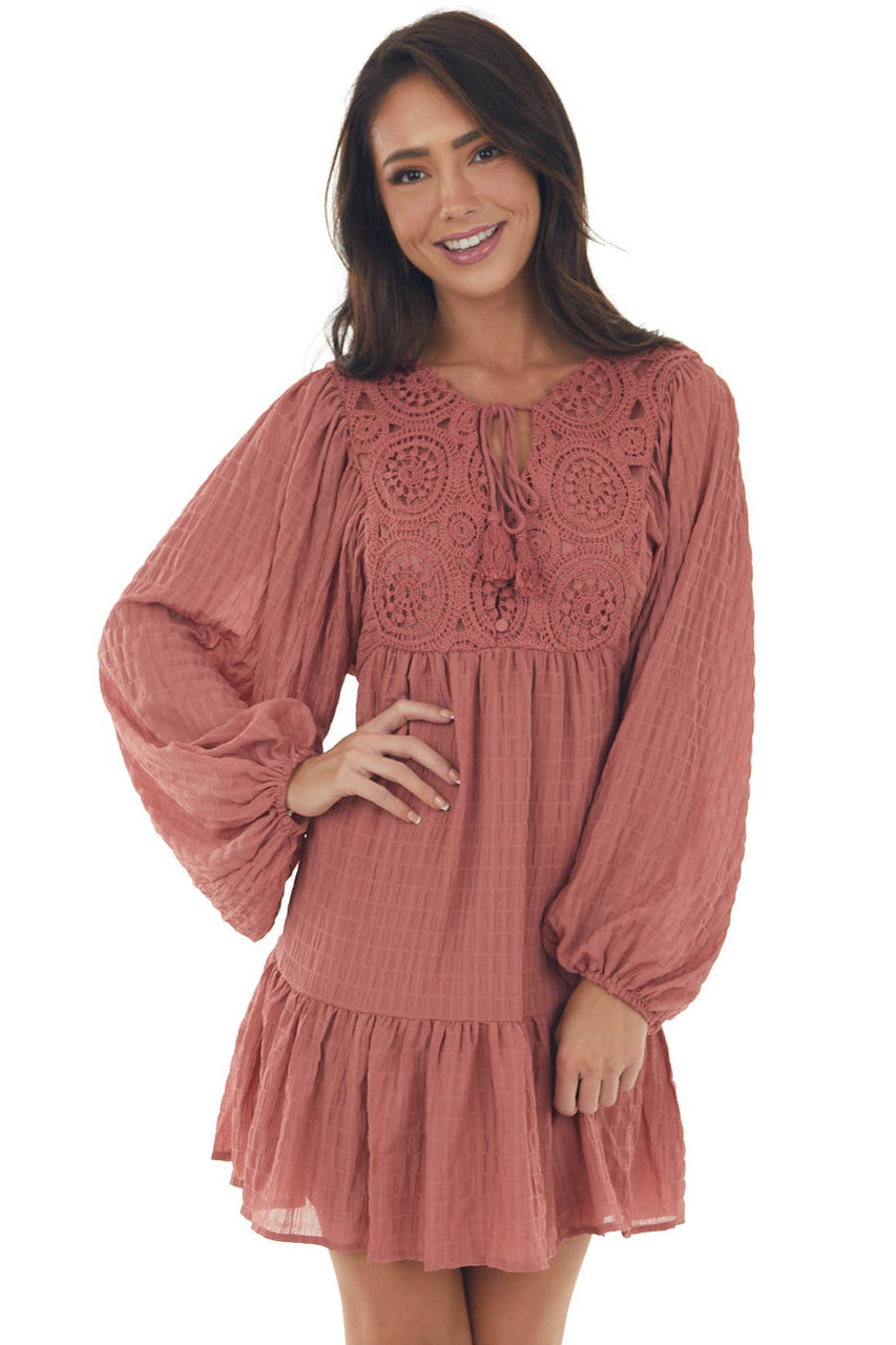 Vintage Rose Textured Puff Sleeve Lace Dress 