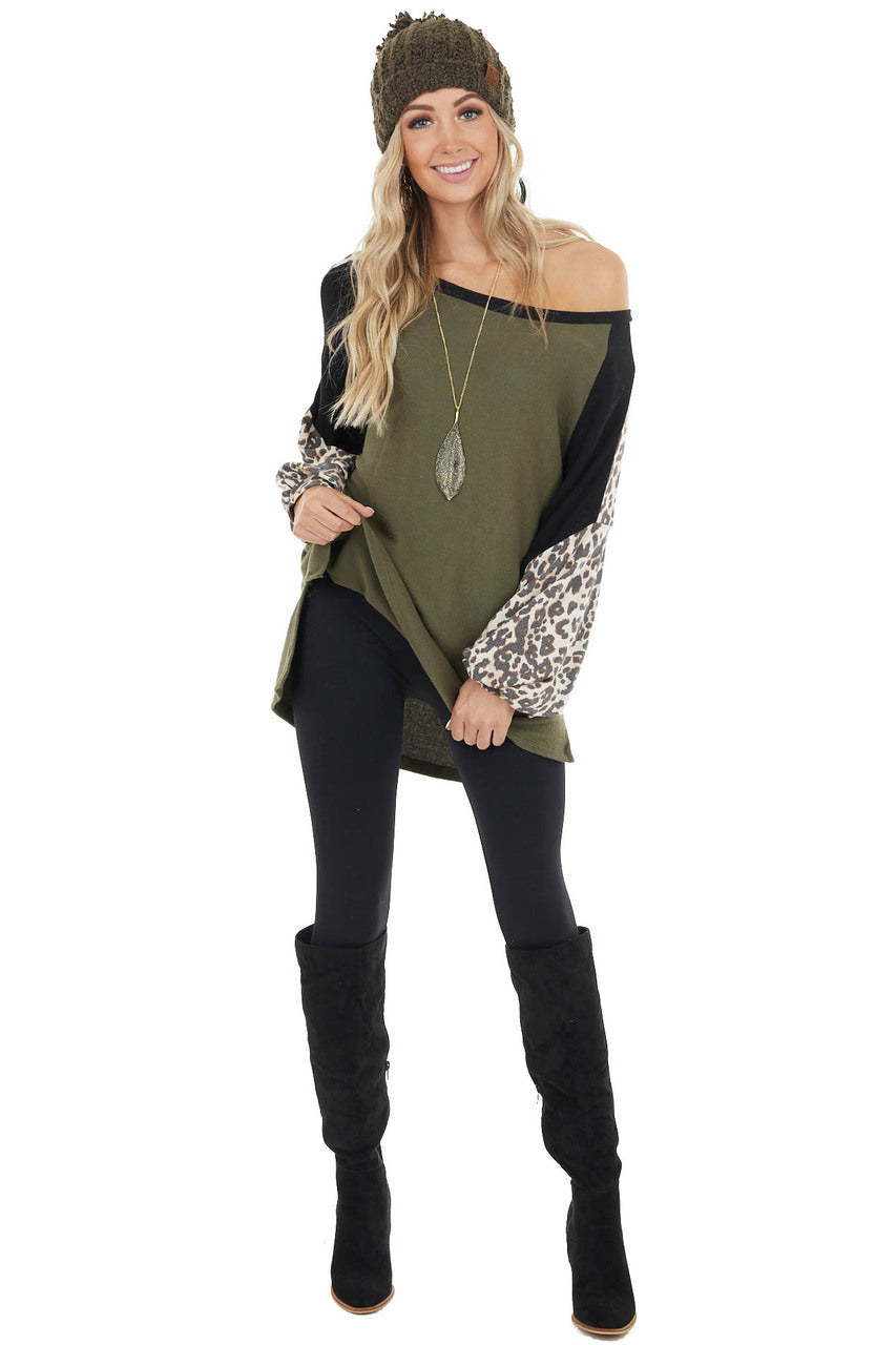 Olive Leopard Print Colorblock Long Sleeve Loose Fit Top
