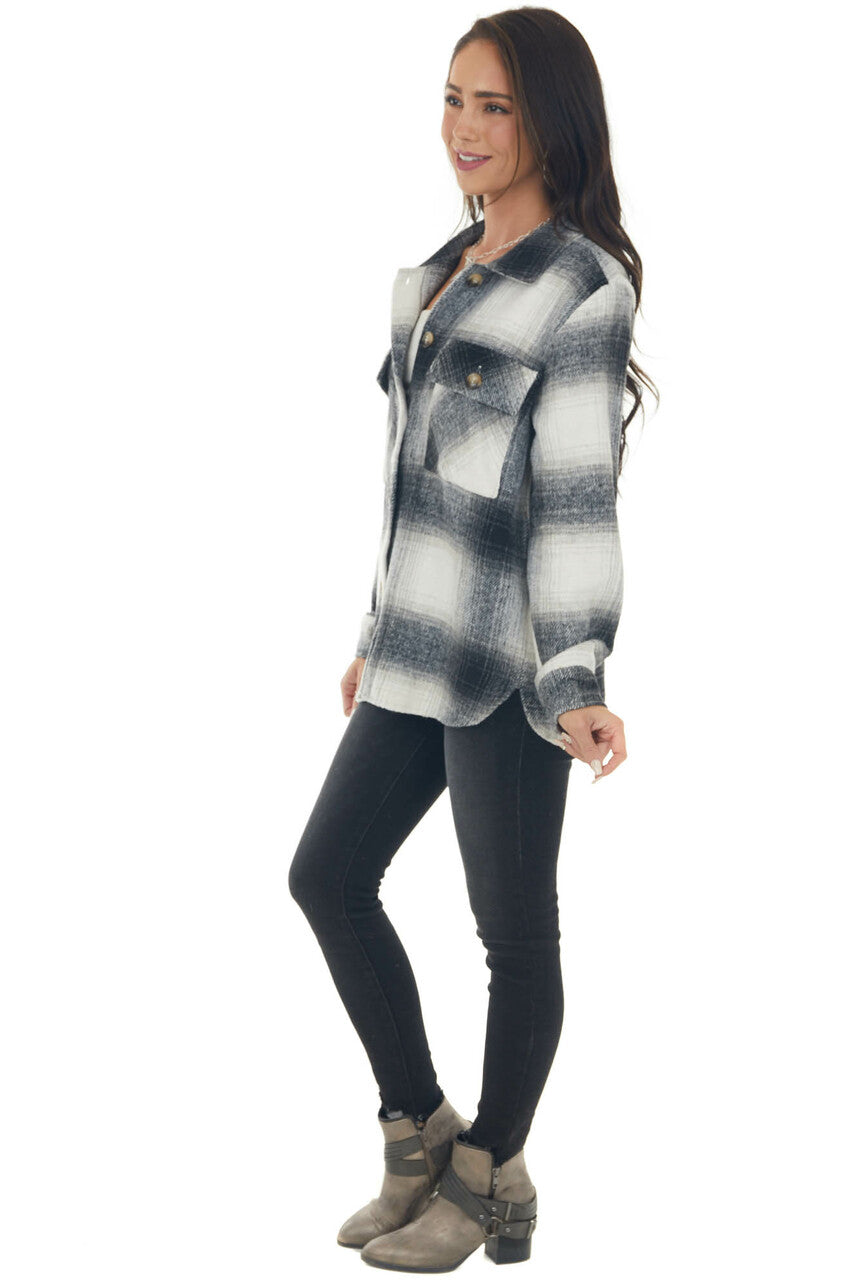 Black Plaid Button Down Brushed Shirt Jacket 