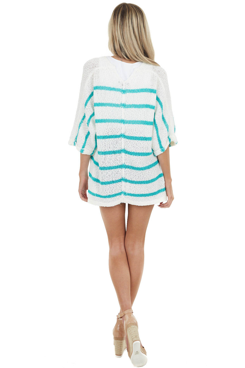 Bright Teal Striped Textured 3/4 Sleeve Knit Cardigan