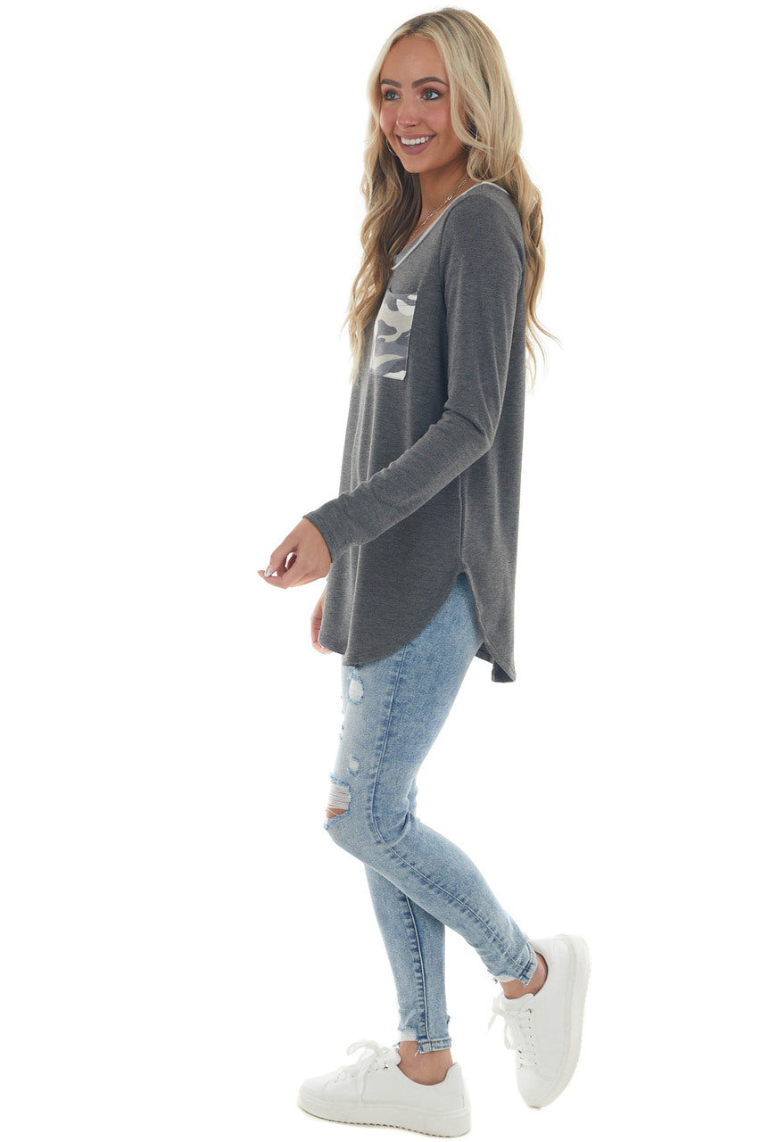 Graphite Camo Contrast Long Sleeve Knit Top