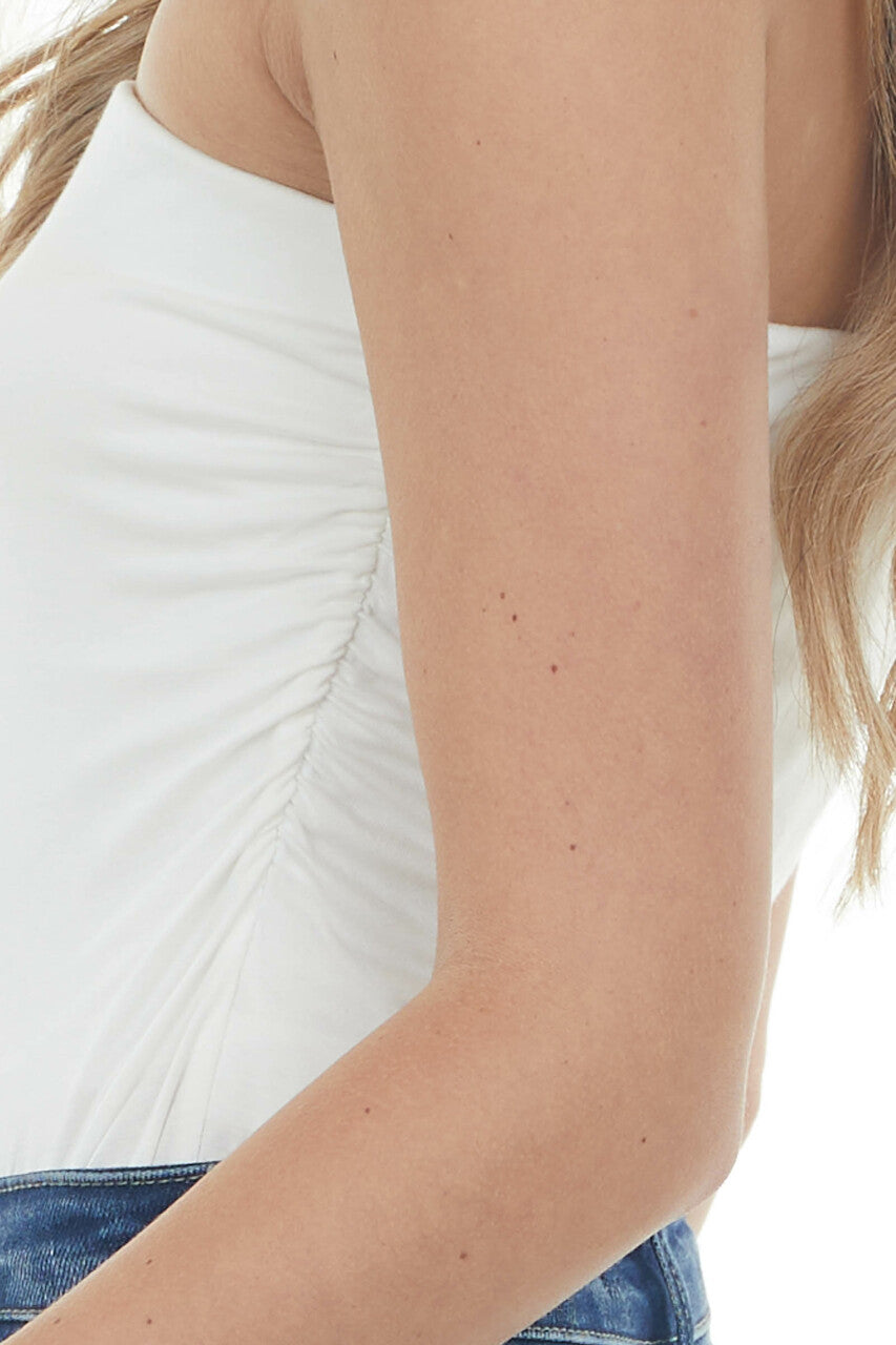 Off White Strapless Stretchy Knit Bodysuit with Ruched Sides