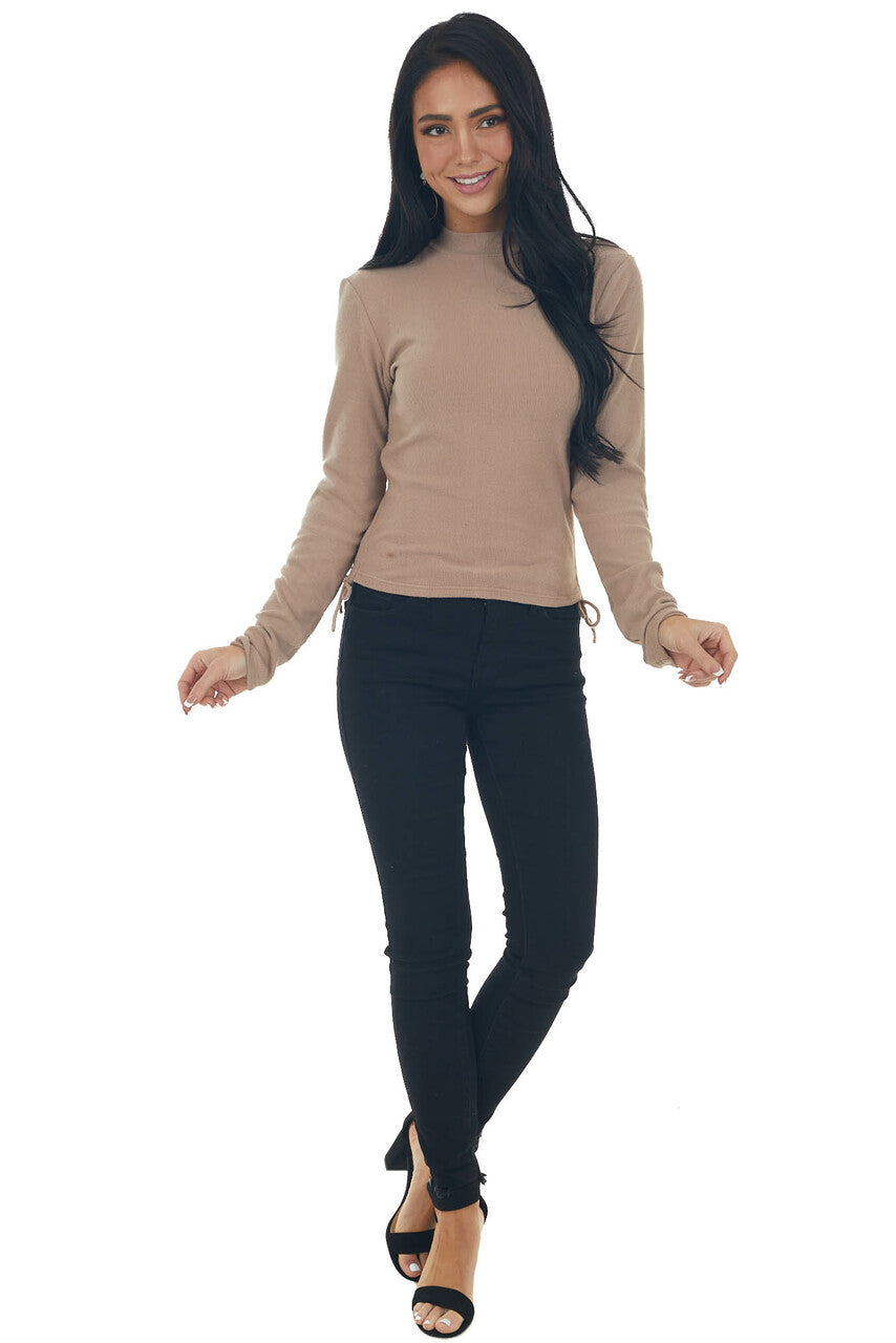 Latte Ruched Brushed Ribbed Knit Fitted Top