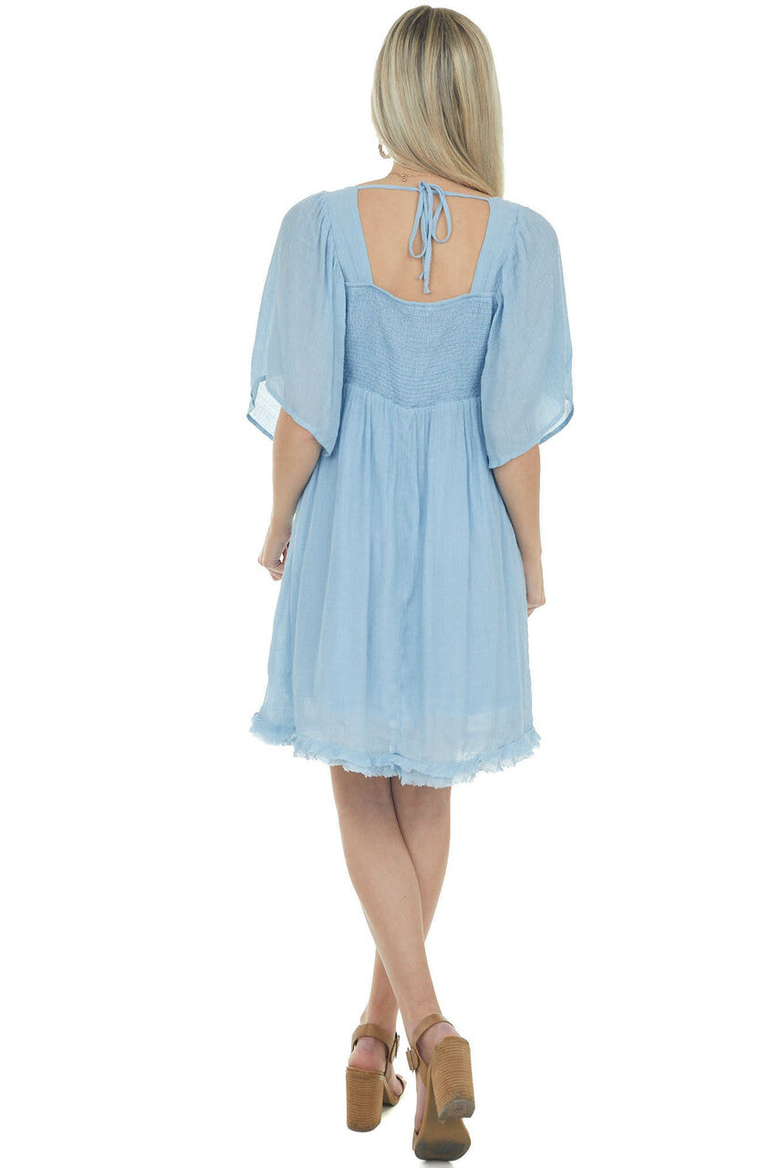 Powder Blue Babydoll Short Dress with Flutter Sleeves
