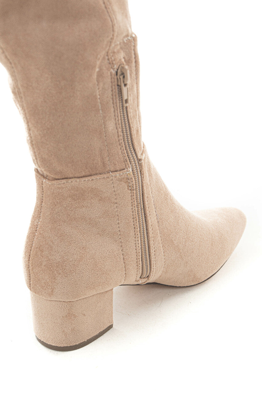 Champagne Faux Suede Knee High Chunky Heel Boots