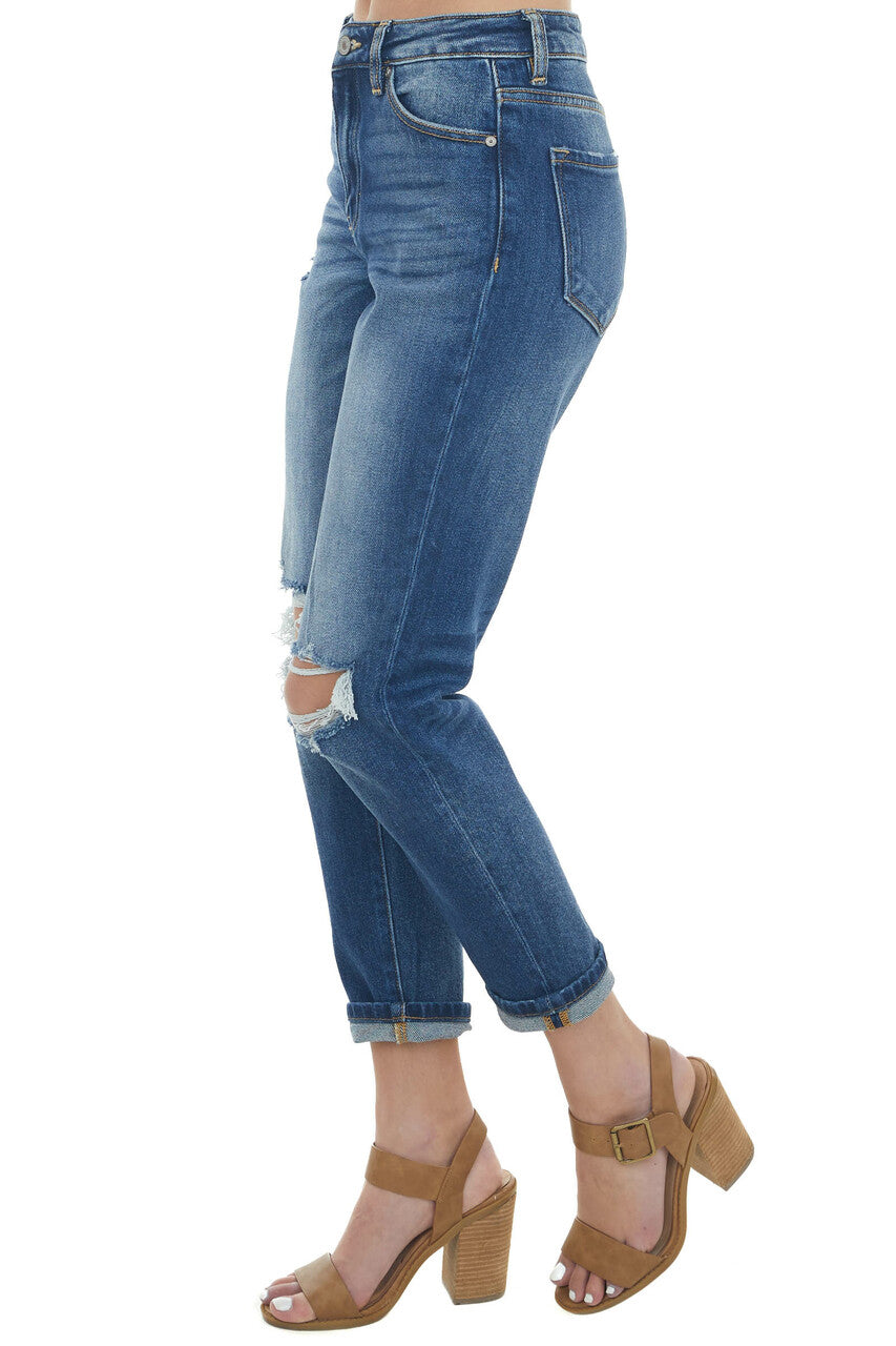 Dark Wash High Rise Knee Torn Mom Fit Jeans